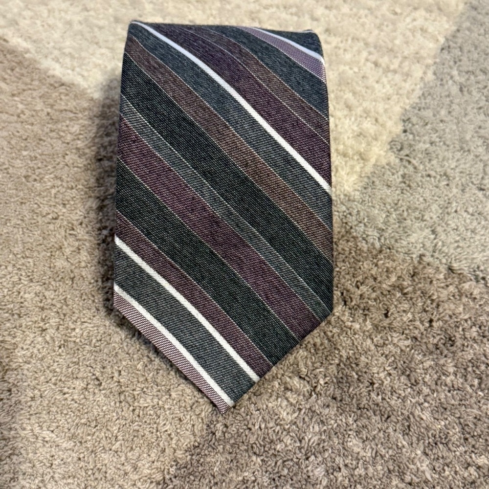 Peebles Collection Mens Striped Silk Blend Necktie Grey Purple White Made in USA